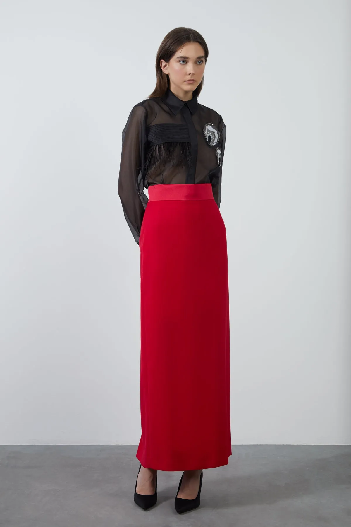 Straight Form Long Pink Skirt with Slit at the Back