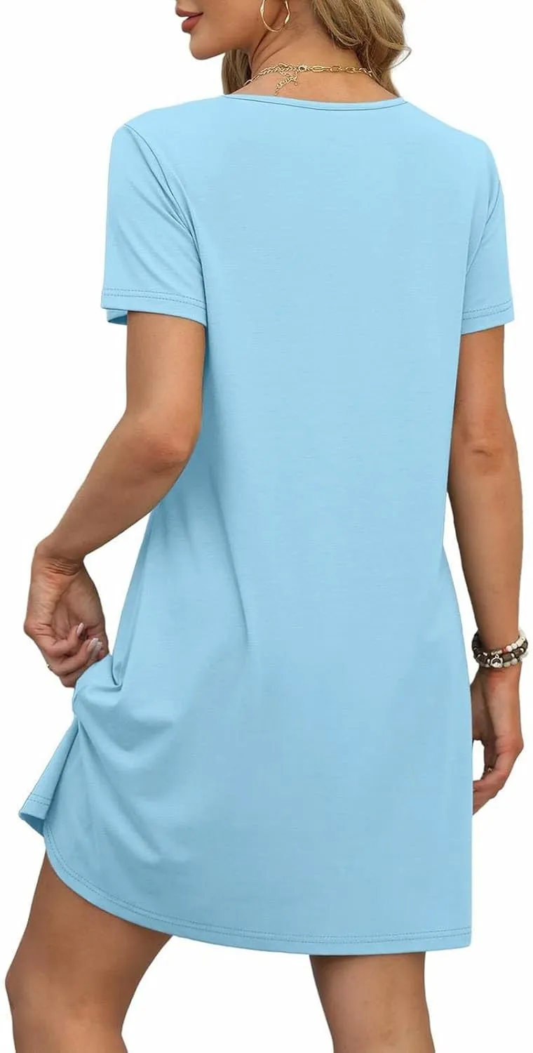 Summer Dresses for Women 2025 Loose V Neck Short Sleeve Casual T Shirt Dress Sundresses Swimsuit Coverup with Pockets