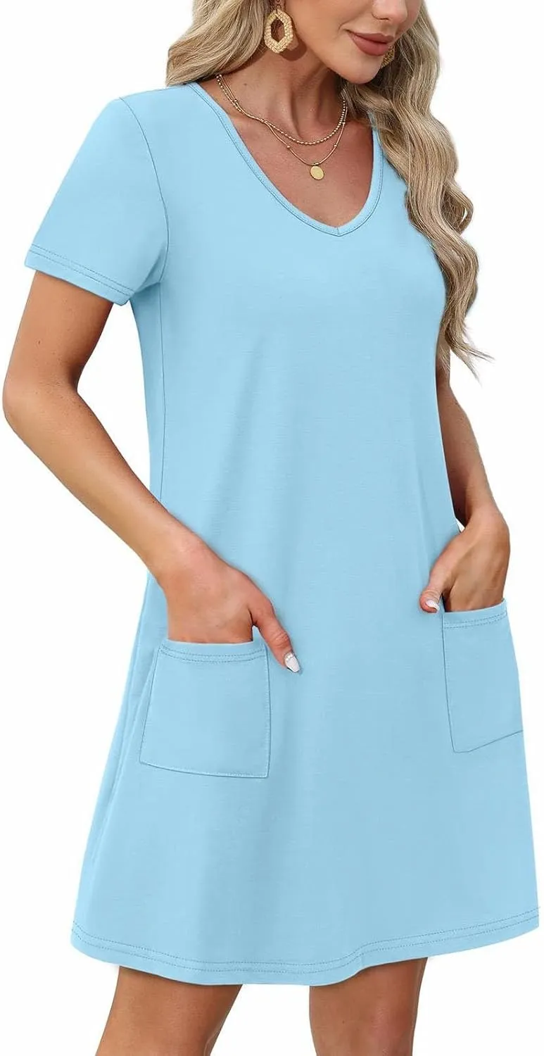 Summer Dresses for Women 2025 Loose V Neck Short Sleeve Casual T Shirt Dress Sundresses Swimsuit Coverup with Pockets