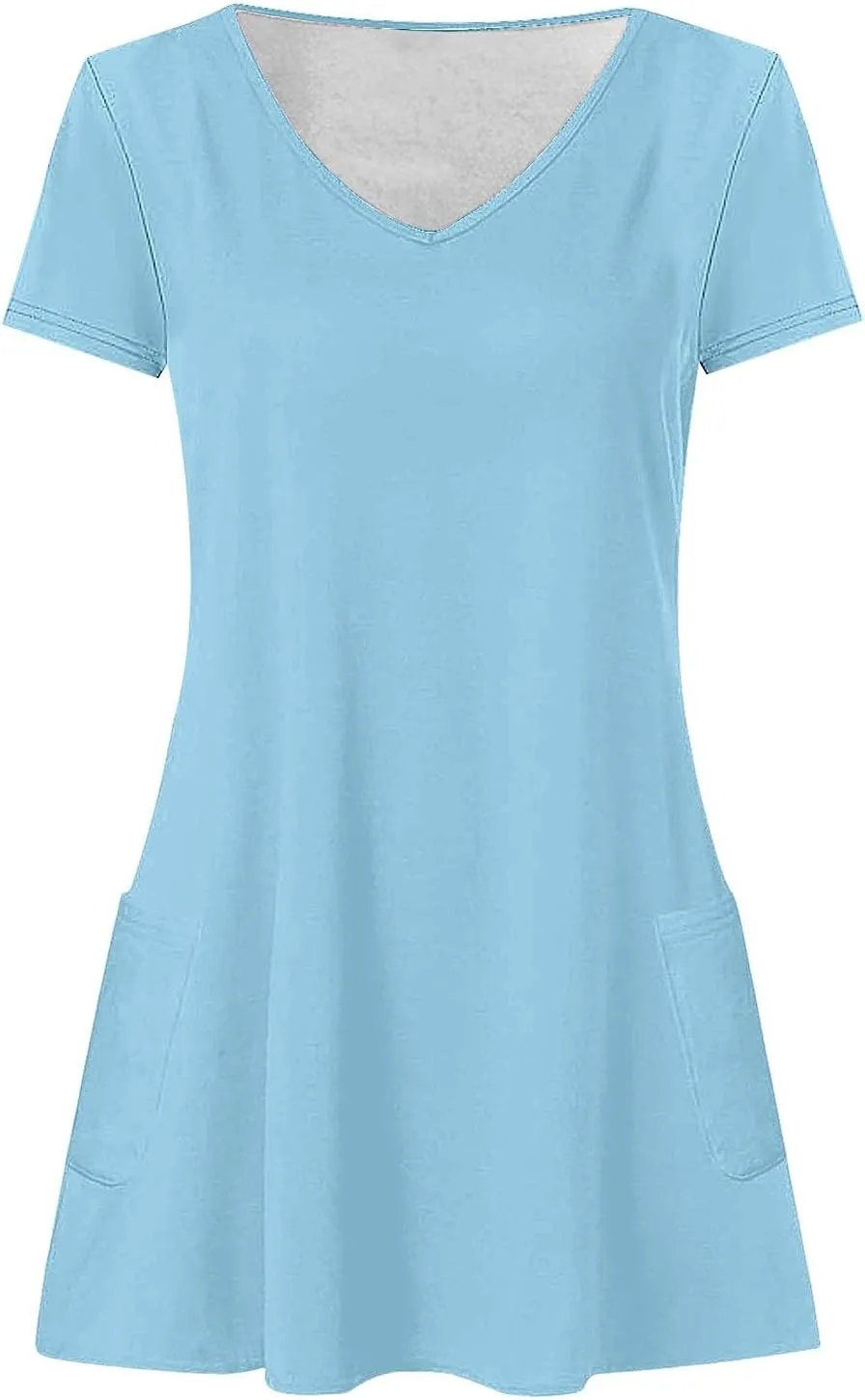 Summer Dresses for Women 2025 Loose V Neck Short Sleeve Casual T Shirt Dress Sundresses Swimsuit Coverup with Pockets