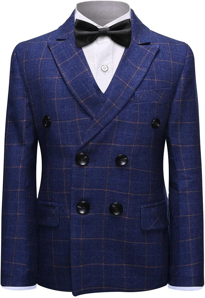SWOTGdoby Boys Dress Suits 3 Piece Slim Fit Check Plaid Kids Tuxedo Suits for Boys Formal Blazer Jacket Pants Vest Wedding