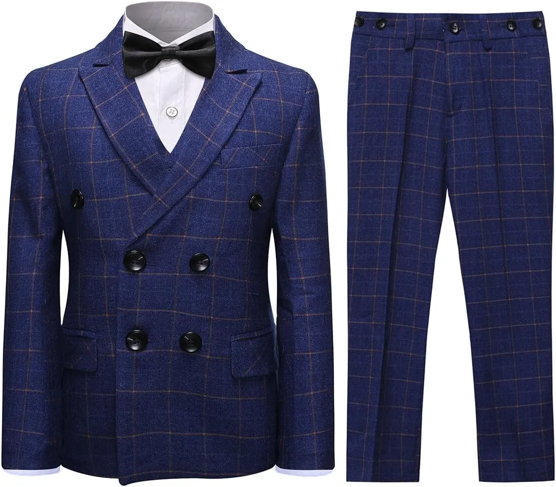 SWOTGdoby Boys Dress Suits 3 Piece Slim Fit Check Plaid Kids Tuxedo Suits for Boys Formal Blazer Jacket Pants Vest Wedding