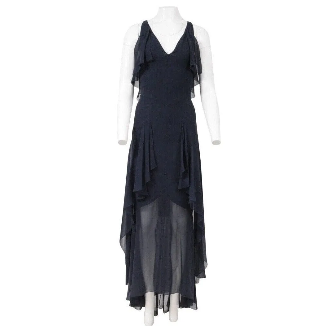 Vintage FW2006 Dress Navy Blue Silk Evening Gown Ruffled