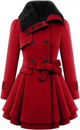 Winter Trench Coat Women Lapel Double Breasted Wool Blend Pea Coats Fashion Plaid Hooded Long Jacket with Belted