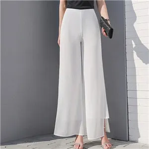 Wjczt Women&#39;s Summer Wide Leg Long Trousers Casual Vintage High Waist Chiffon Side Split Loose Bohemia Skirt Pants Capris Solid