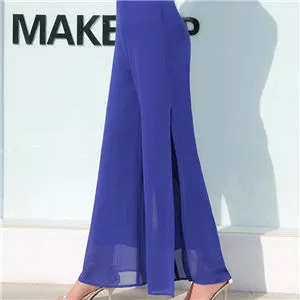 Wjczt Women&#39;s Summer Wide Leg Long Trousers Casual Vintage High Waist Chiffon Side Split Loose Bohemia Skirt Pants Capris Solid