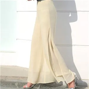 Wjczt Women&#39;s Summer Wide Leg Long Trousers Casual Vintage High Waist Chiffon Side Split Loose Bohemia Skirt Pants Capris Solid