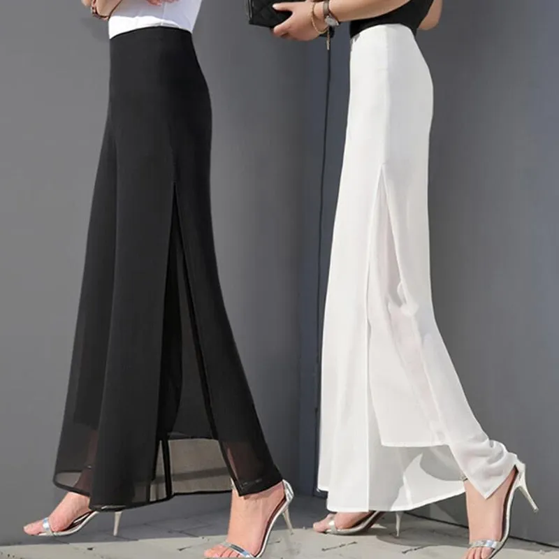 Wjczt Women&#39;s Summer Wide Leg Long Trousers Casual Vintage High Waist Chiffon Side Split Loose Bohemia Skirt Pants Capris Solid