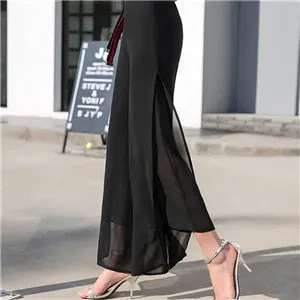 Wjczt Women&#39;s Summer Wide Leg Long Trousers Casual Vintage High Waist Chiffon Side Split Loose Bohemia Skirt Pants Capris Solid