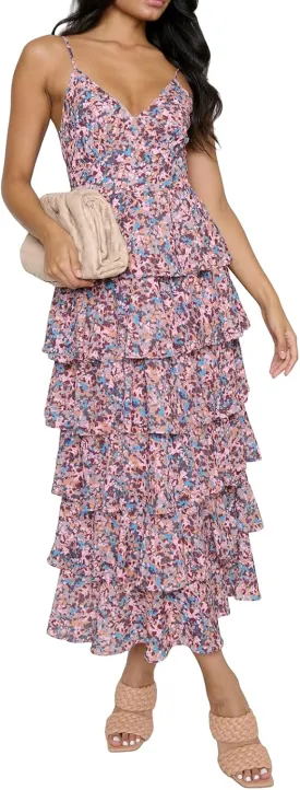 Women 2023 Floral Long Dress Tiered Ruffles Sleeveless Cami Dress Summer Casual Beach Party Midi Dress Streetwear