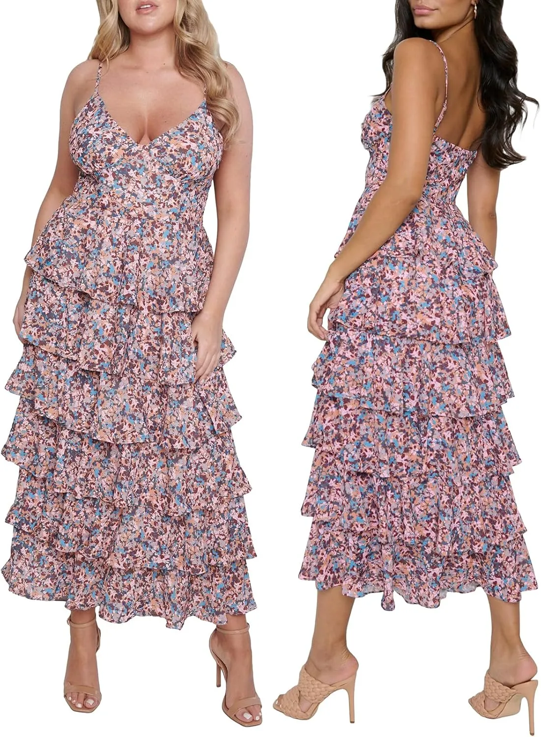 Women 2023 Floral Long Dress Tiered Ruffles Sleeveless Cami Dress Summer Casual Beach Party Midi Dress Streetwear