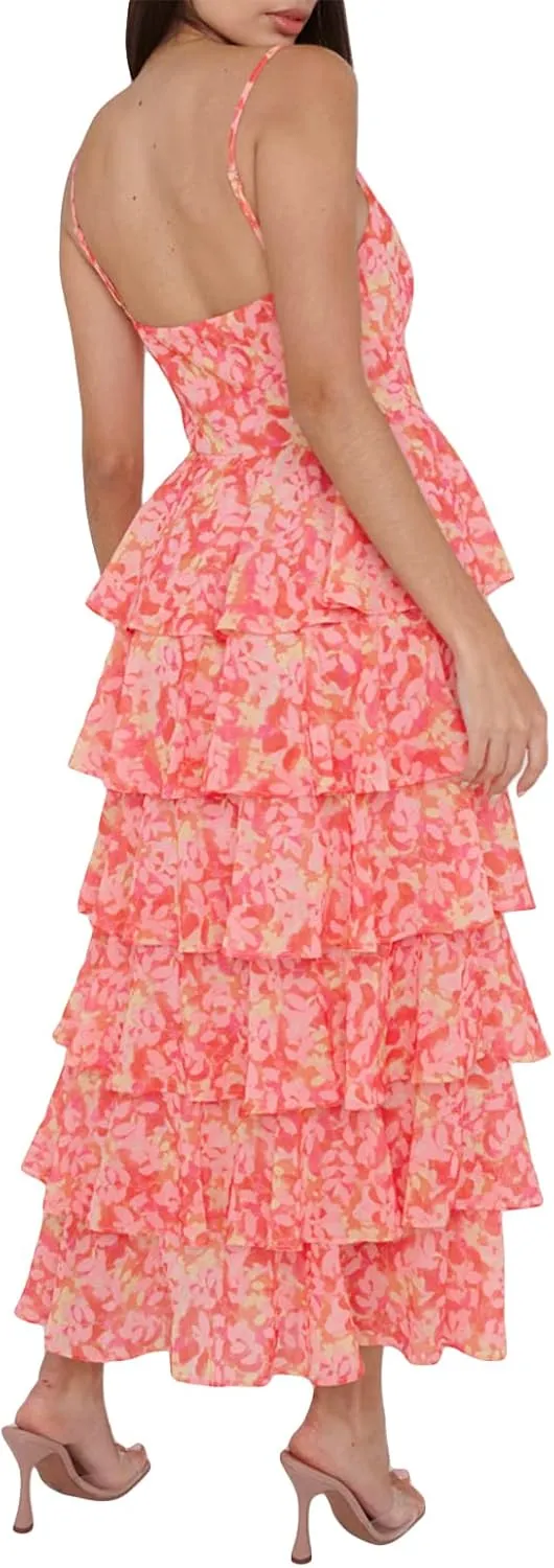 Women 2023 Floral Long Dress Tiered Ruffles Sleeveless Cami Dress Summer Casual Beach Party Midi Dress Streetwear
