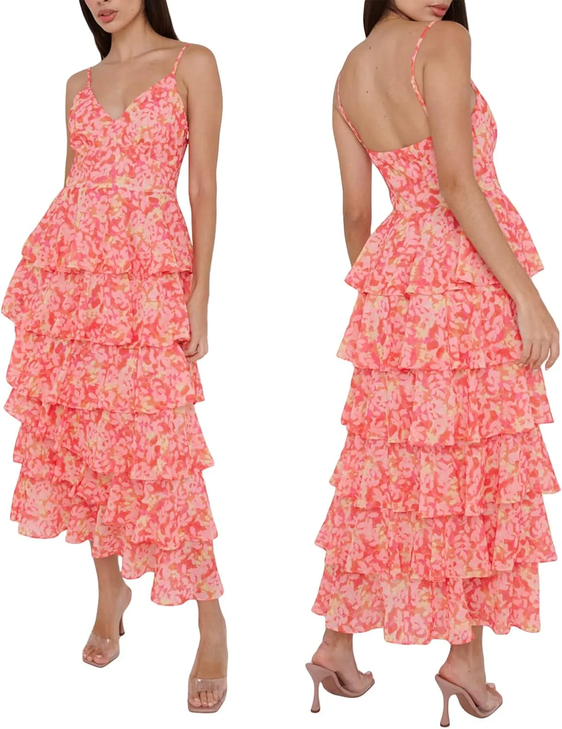 Women 2023 Floral Long Dress Tiered Ruffles Sleeveless Cami Dress Summer Casual Beach Party Midi Dress Streetwear