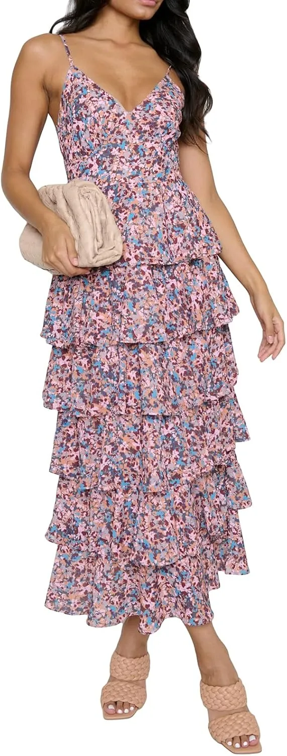 Women 2023 Floral Long Dress Tiered Ruffles Sleeveless Cami Dress Summer Casual Beach Party Midi Dress Streetwear
