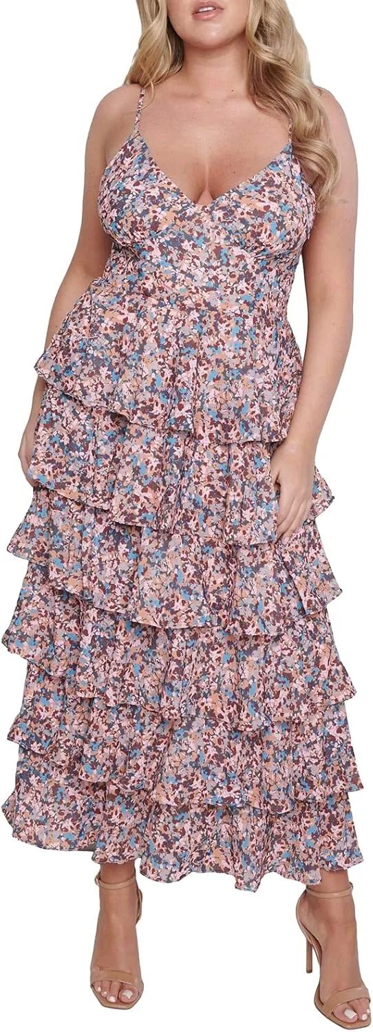 Women 2023 Floral Long Dress Tiered Ruffles Sleeveless Cami Dress Summer Casual Beach Party Midi Dress Streetwear