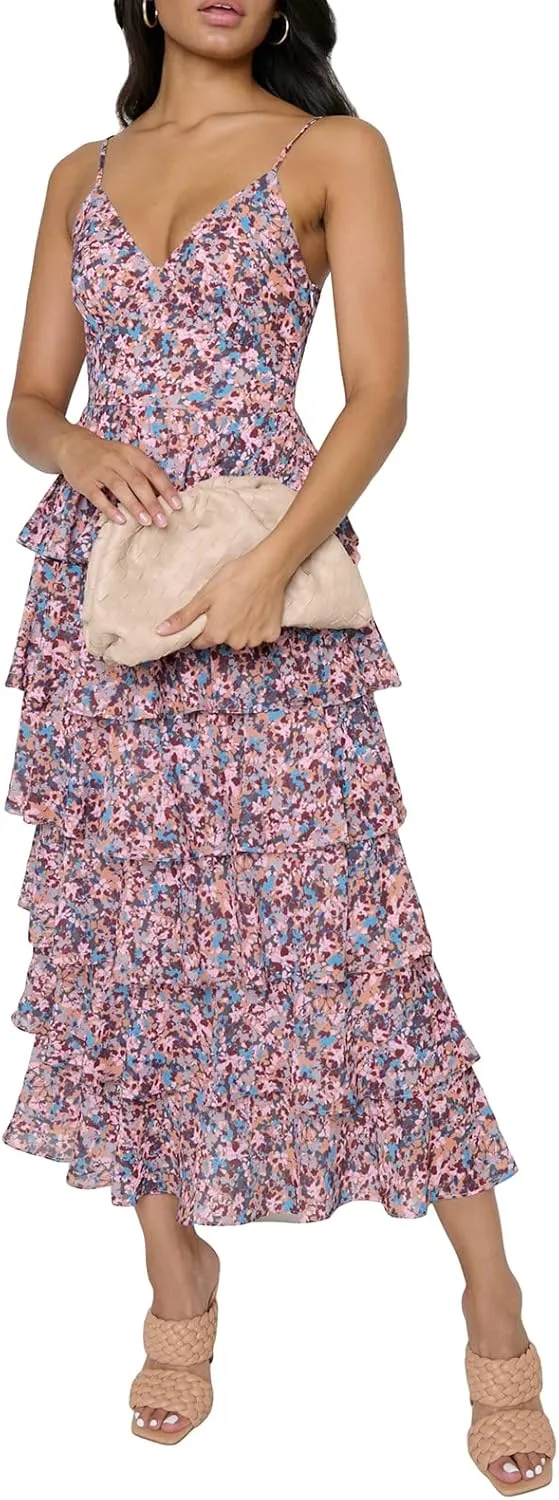 Women 2023 Floral Long Dress Tiered Ruffles Sleeveless Cami Dress Summer Casual Beach Party Midi Dress Streetwear