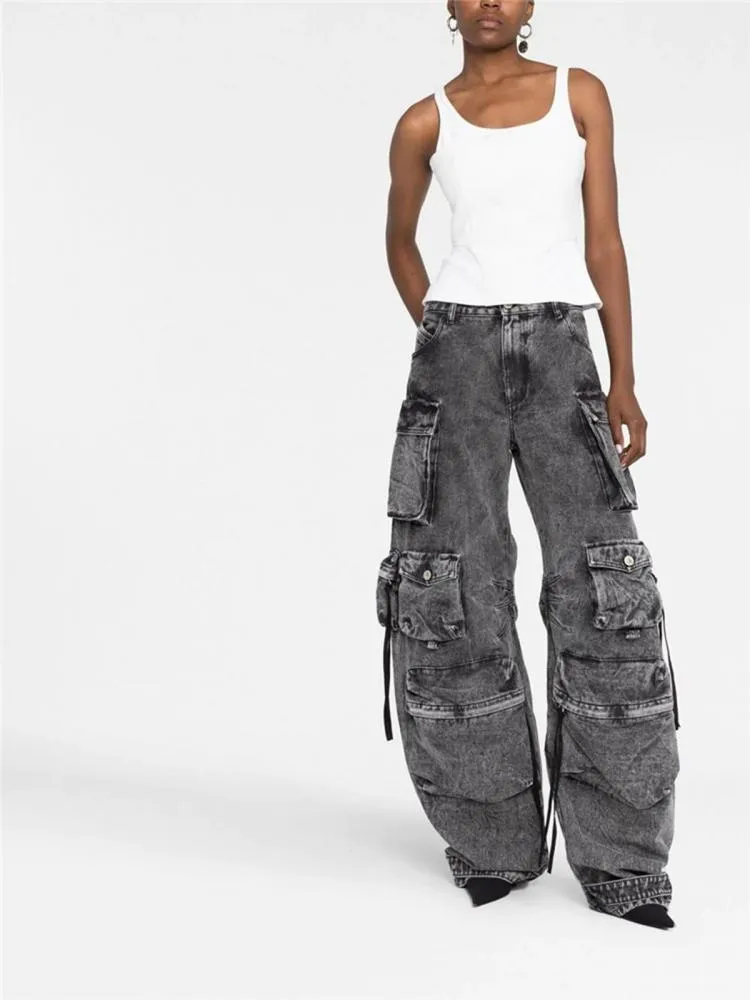 Women Denim Pants 2023 Autumn Winter Multi pocket Wide Leg Jeans
