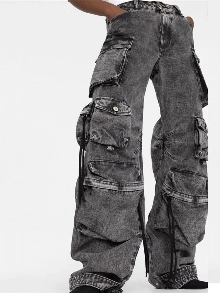 Women Denim Pants 2023 Autumn Winter Multi pocket Wide Leg Jeans