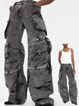 Women Denim Pants 2023 Autumn Winter Multi pocket Wide Leg Jeans