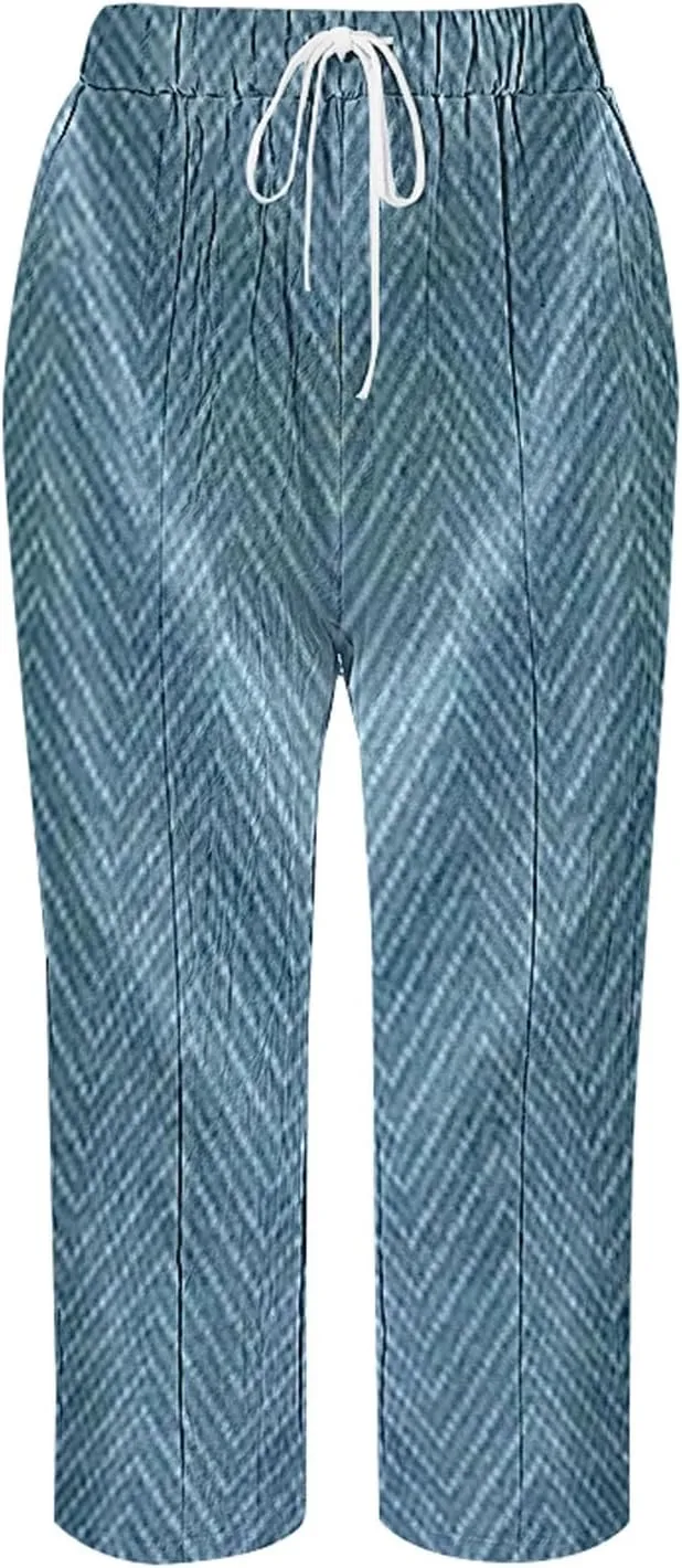 Women Linen Pants Waist Pants Drawstring Capri Pants with Pockets Wide Leg Cropped Elastic High Waist Comfy Loose