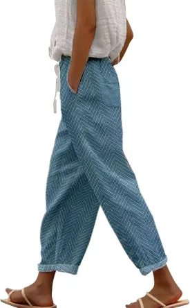 Women Linen Pants Waist Pants Drawstring Capri Pants with Pockets Wide Leg Cropped Elastic High Waist Comfy Loose
