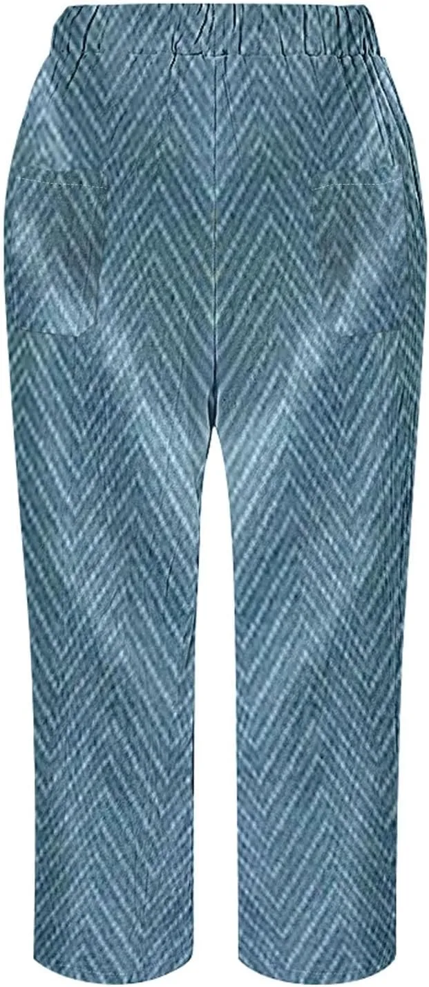 Women Linen Pants Waist Pants Drawstring Capri Pants with Pockets Wide Leg Cropped Elastic High Waist Comfy Loose