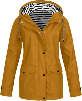 Women Plus Size Rain Jacket Full Zip Fleece Lined Waterproof Trench Coat Lightweight Outdoor Hiking Raincoat w/Pocket