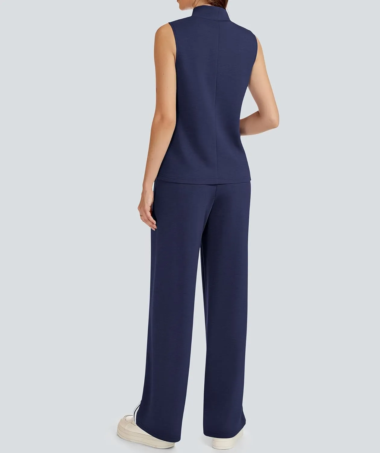 Womens 2 Piece Lounge Set Stripes Travel Outfits Sweatsuit Mock Neck Tank Top Wide Leg Pants Casual Activewear