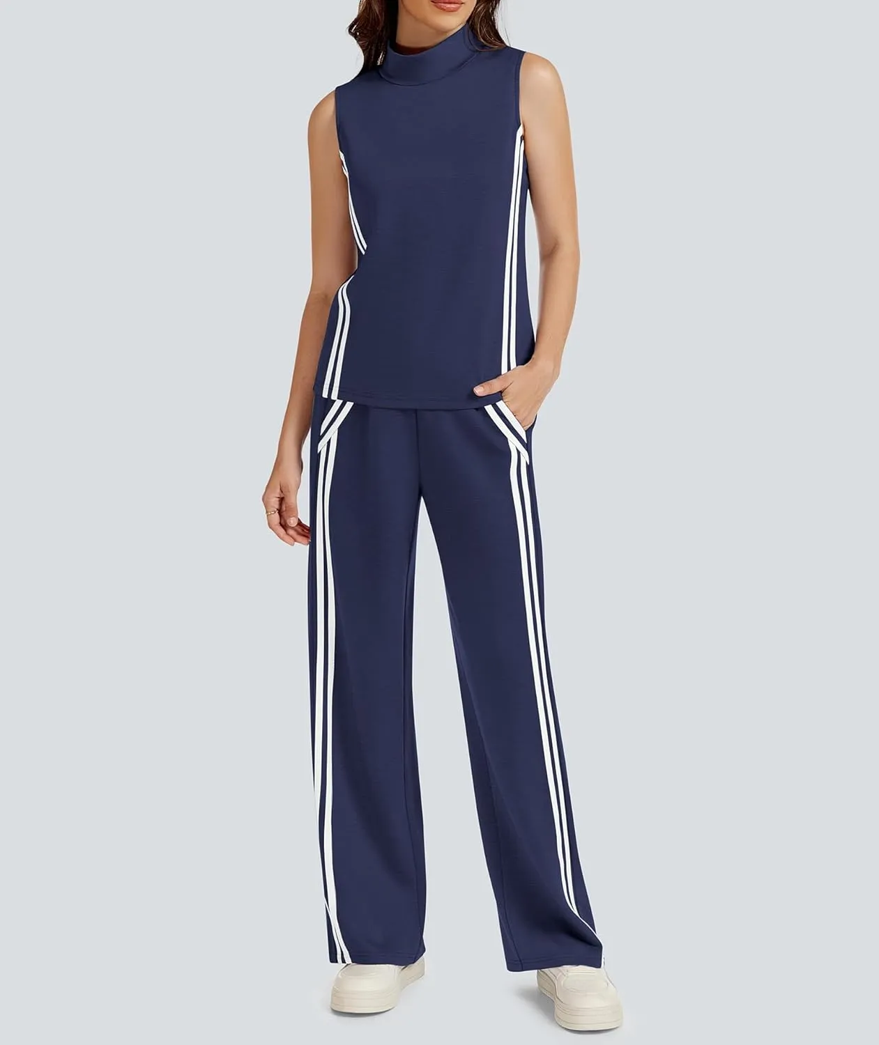 Womens 2 Piece Lounge Set Stripes Travel Outfits Sweatsuit Mock Neck Tank Top Wide Leg Pants Casual Activewear
