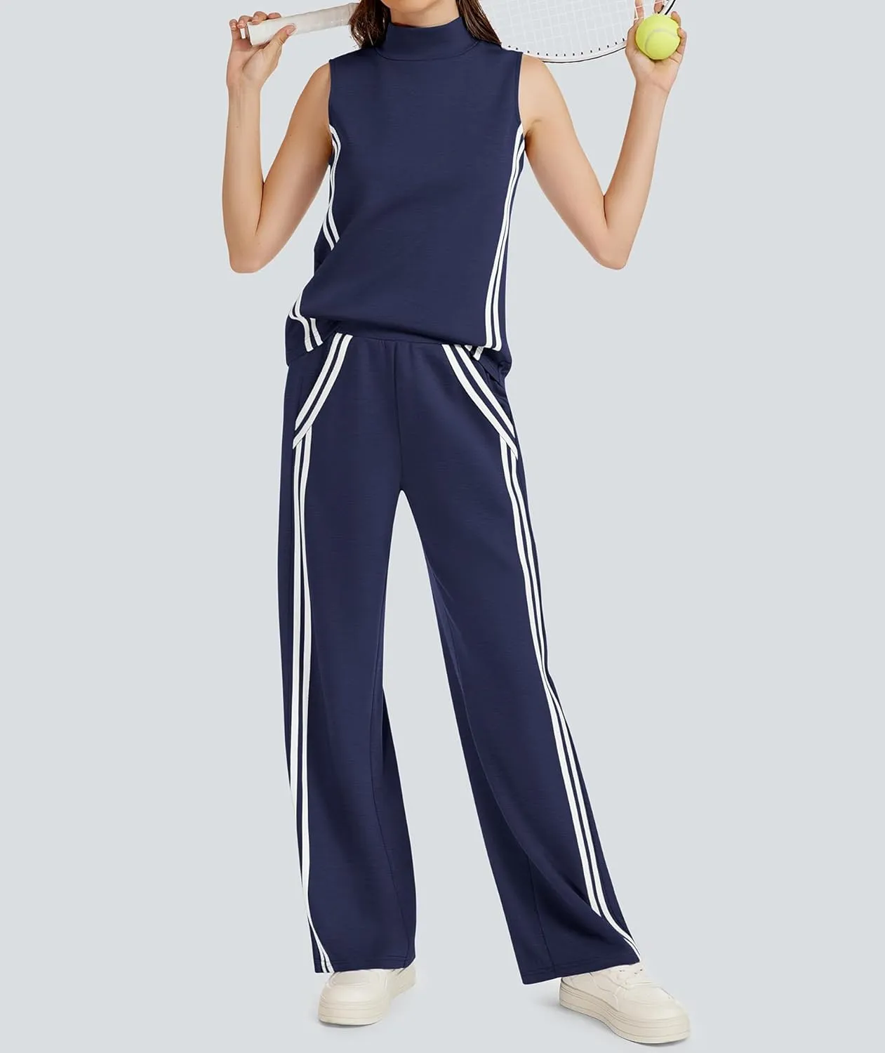 Womens 2 Piece Lounge Set Stripes Travel Outfits Sweatsuit Mock Neck Tank Top Wide Leg Pants Casual Activewear