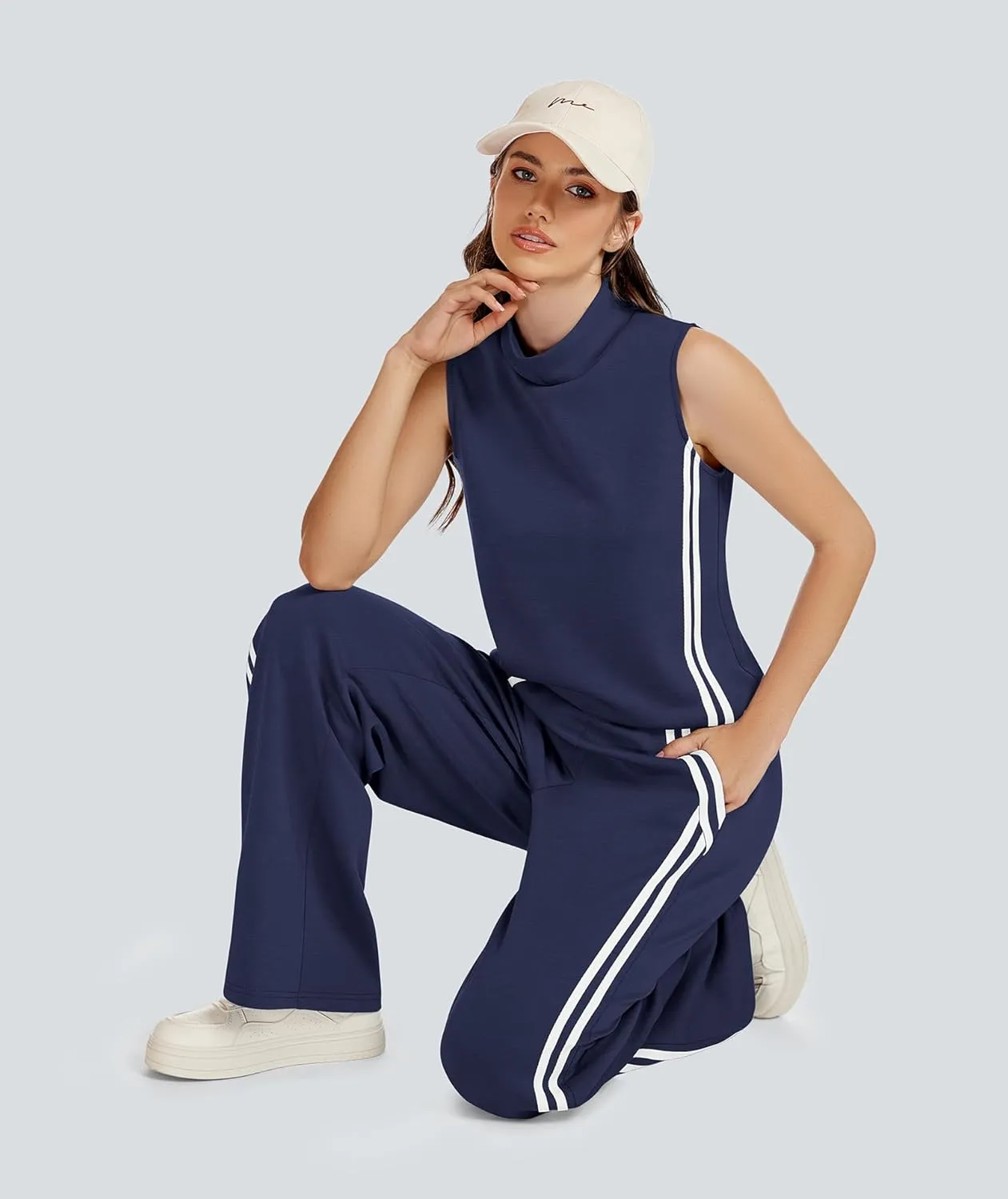 Womens 2 Piece Lounge Set Stripes Travel Outfits Sweatsuit Mock Neck Tank Top Wide Leg Pants Casual Activewear