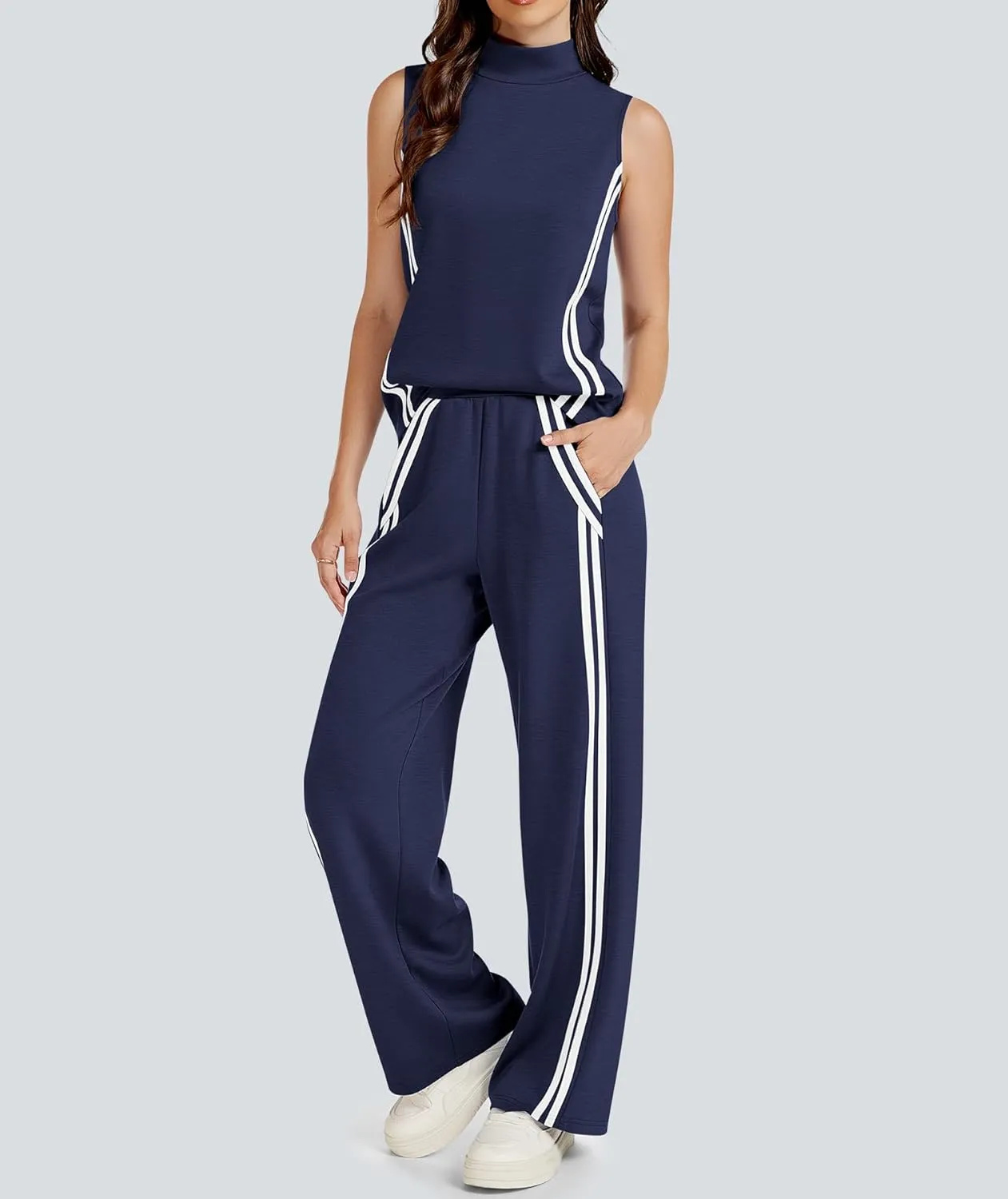 Womens 2 Piece Lounge Set Stripes Travel Outfits Sweatsuit Mock Neck Tank Top Wide Leg Pants Casual Activewear