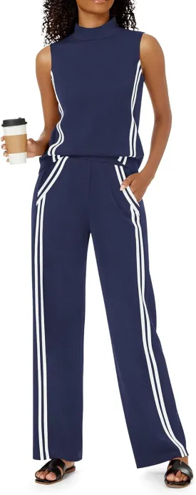 Womens 2 Piece Lounge Set Stripes Travel Outfits Sweatsuit Mock Neck Tank Top Wide Leg Pants Casual Activewear