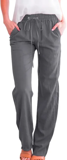 Womens Casual Cotton Linen Pants Lightweight Summer Relax Fit Elastic High Waist Pant Lounge Loose Plain Drawstring Trousers
