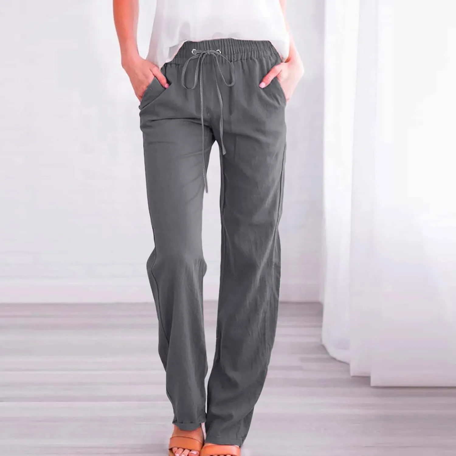 Womens Casual Cotton Linen Pants Lightweight Summer Relax Fit Elastic High Waist Pant Lounge Loose Plain Drawstring Trousers