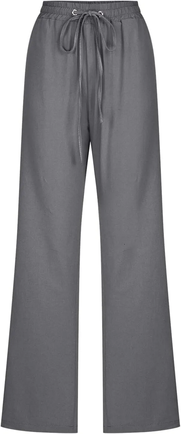 Womens Casual Cotton Linen Pants Lightweight Summer Relax Fit Elastic High Waist Pant Lounge Loose Plain Drawstring Trousers