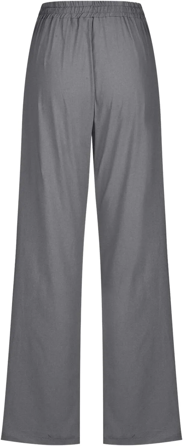 Womens Casual Cotton Linen Pants Lightweight Summer Relax Fit Elastic High Waist Pant Lounge Loose Plain Drawstring Trousers