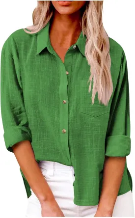 Womens Cotton Linen Button Down Shirt 2025 Summer Casual Long Sleeve Solid Color Shirts Loose Work Tops with Pockets