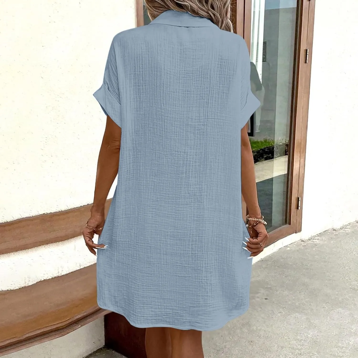 Womens Cotton Linen Shirt Dresses 2025 Summer Short Sleeve Button Down Midi Dress Knee Length Beach Dress with Pockets