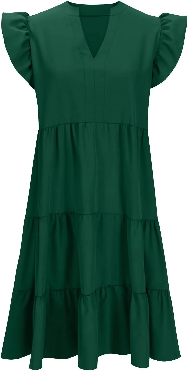 Women's Cotton V Neck Dress Puff Sleeve Midi Dresses Cute Smocked Waist Sundresses for Women Fashion Casual Beachwear