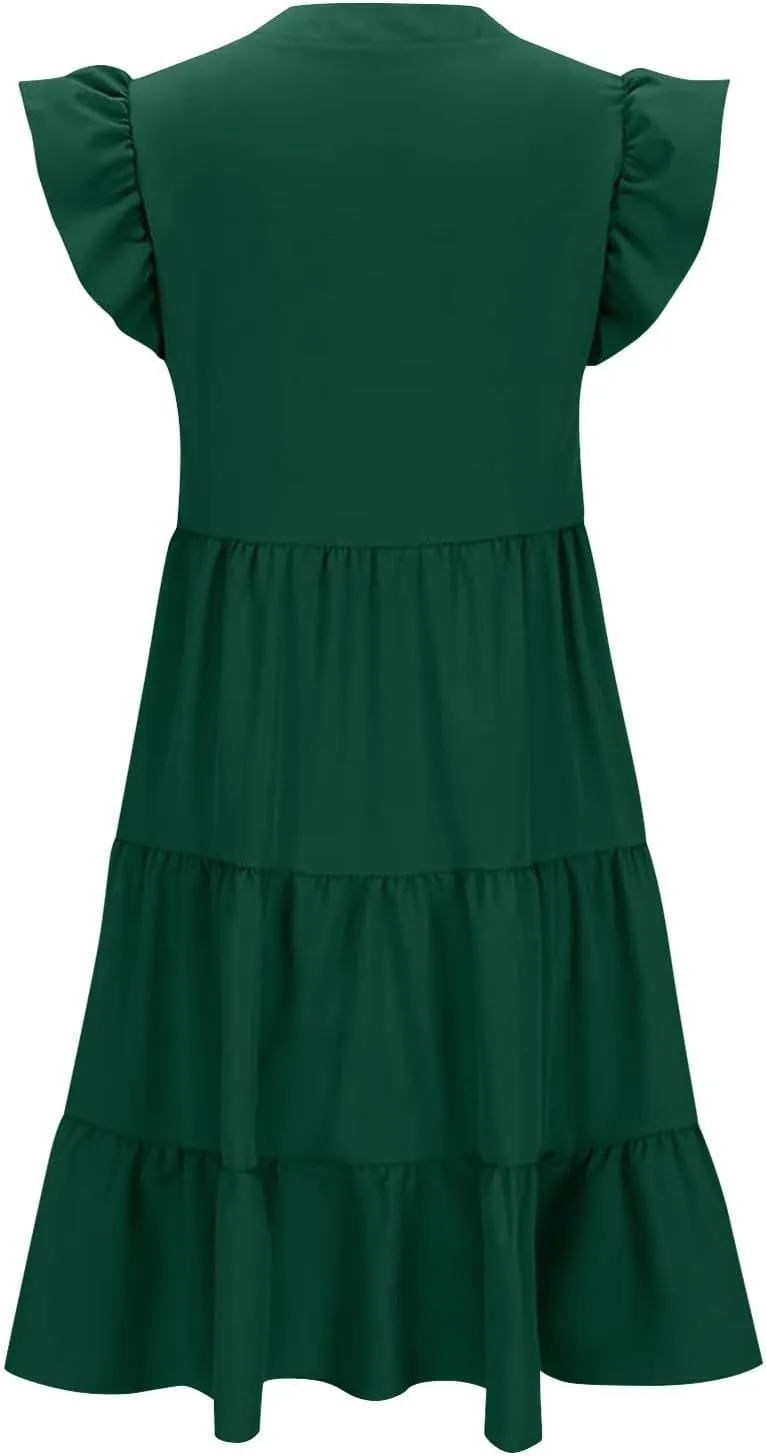 Women's Cotton V Neck Dress Puff Sleeve Midi Dresses Cute Smocked Waist Sundresses for Women Fashion Casual Beachwear