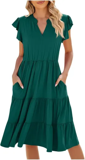 Women's Cotton V Neck Dress Puff Sleeve Midi Dresses Cute Smocked Waist Sundresses for Women Fashion Casual Beachwear