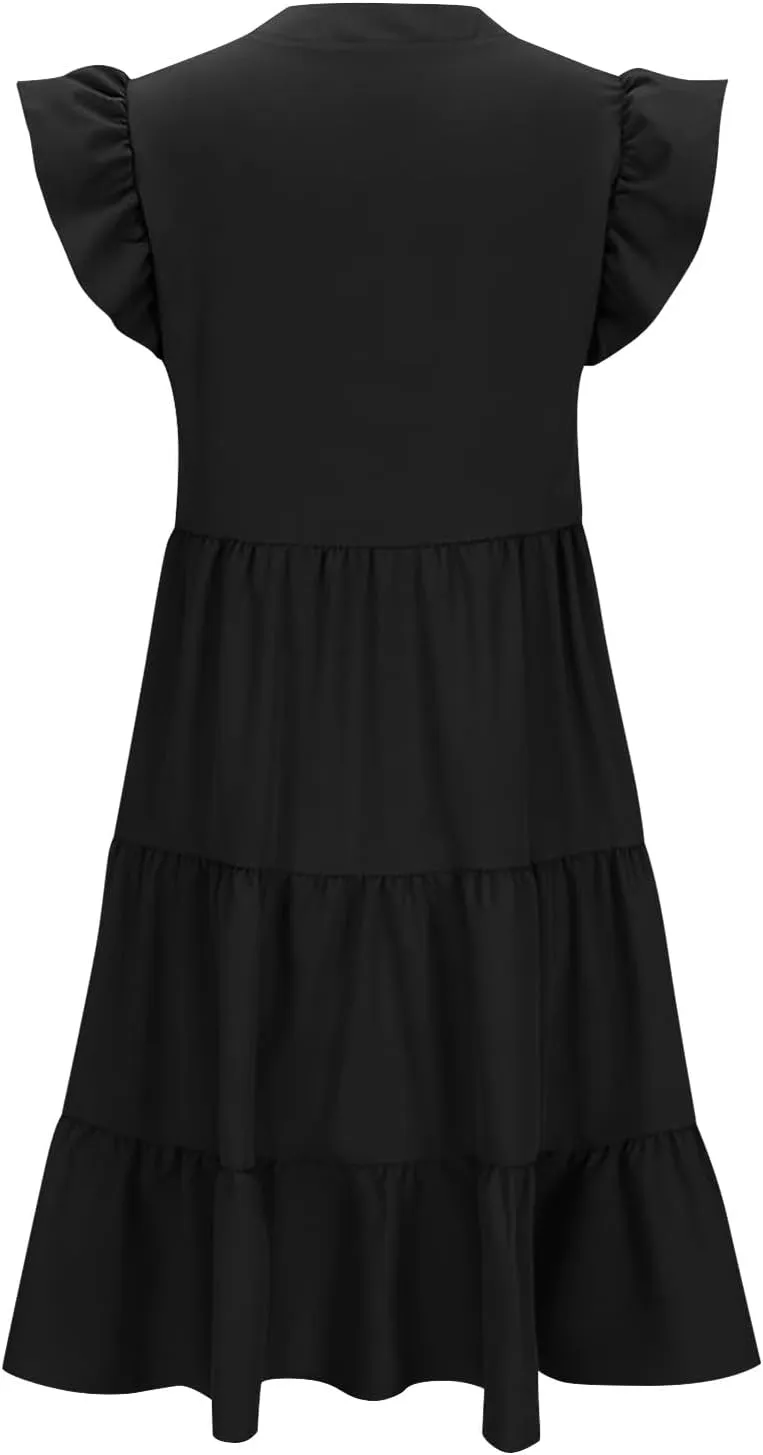 Women's Cotton V Neck Dress Puff Sleeve Midi Dresses Cute Smocked Waist Sundresses for Women Fashion Casual Beachwear
