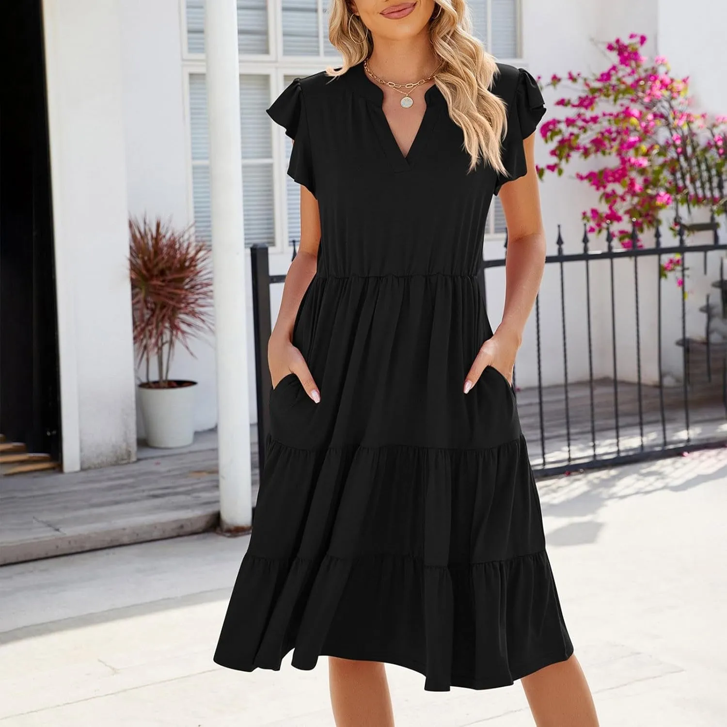Women's Cotton V Neck Dress Puff Sleeve Midi Dresses Cute Smocked Waist Sundresses for Women Fashion Casual Beachwear