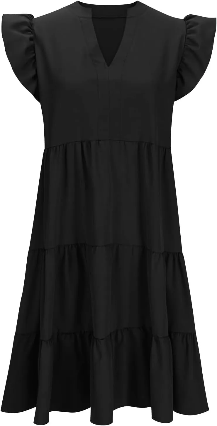Women's Cotton V Neck Dress Puff Sleeve Midi Dresses Cute Smocked Waist Sundresses for Women Fashion Casual Beachwear