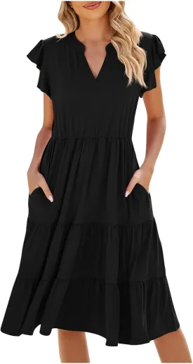 Women's Cotton V Neck Dress Puff Sleeve Midi Dresses Cute Smocked Waist Sundresses for Women Fashion Casual Beachwear