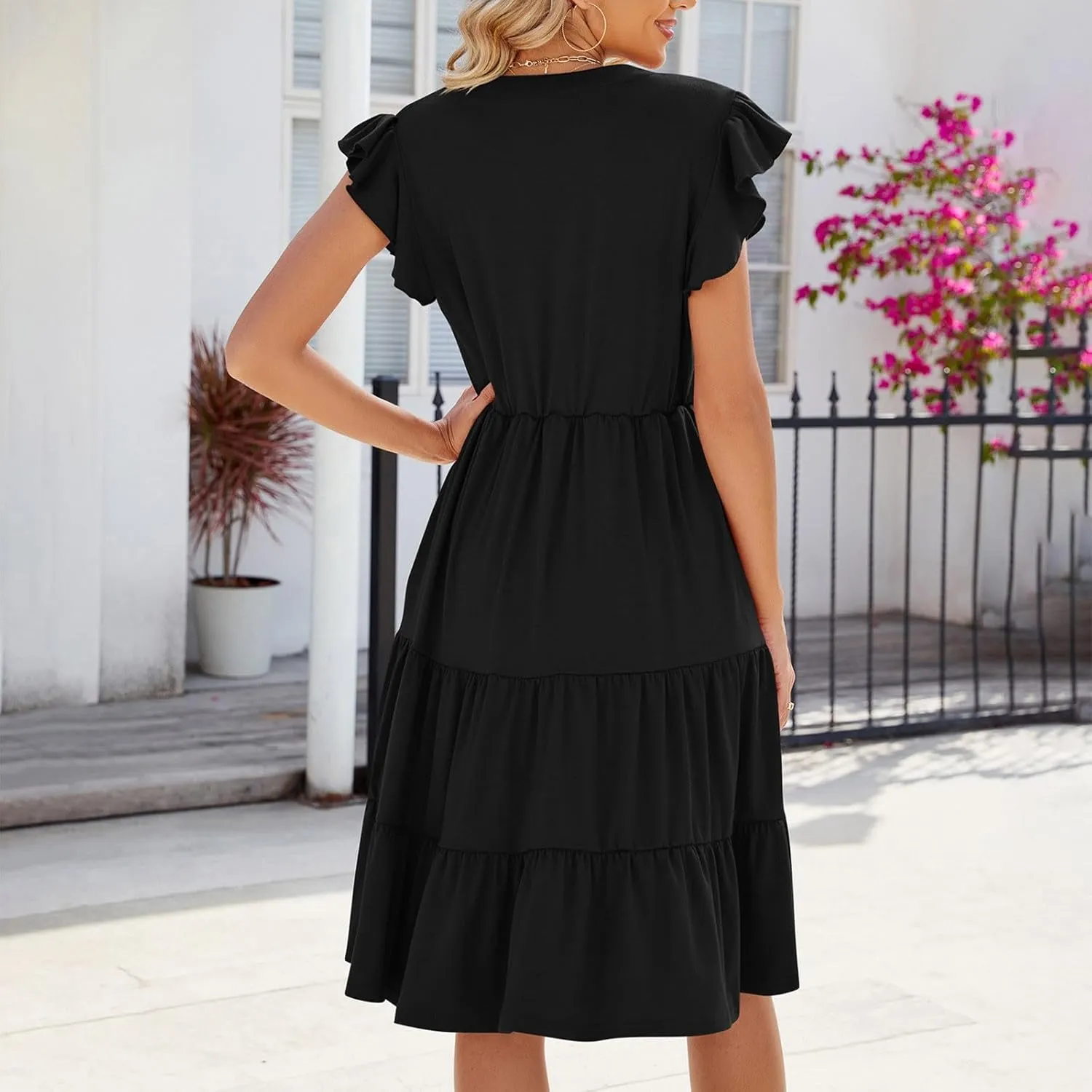 Women's Cotton V Neck Dress Puff Sleeve Midi Dresses Cute Smocked Waist Sundresses for Women Fashion Casual Beachwear