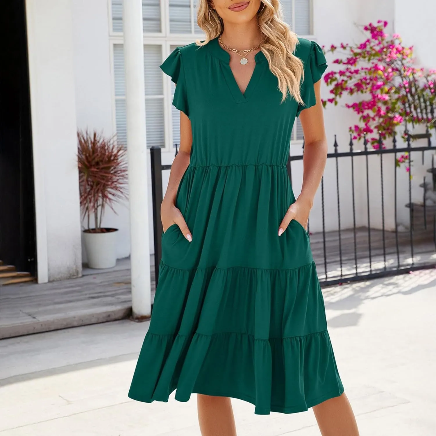 Women's Cotton V Neck Dress Puff Sleeve Midi Dresses Cute Smocked Waist Sundresses for Women Fashion Casual Beachwear