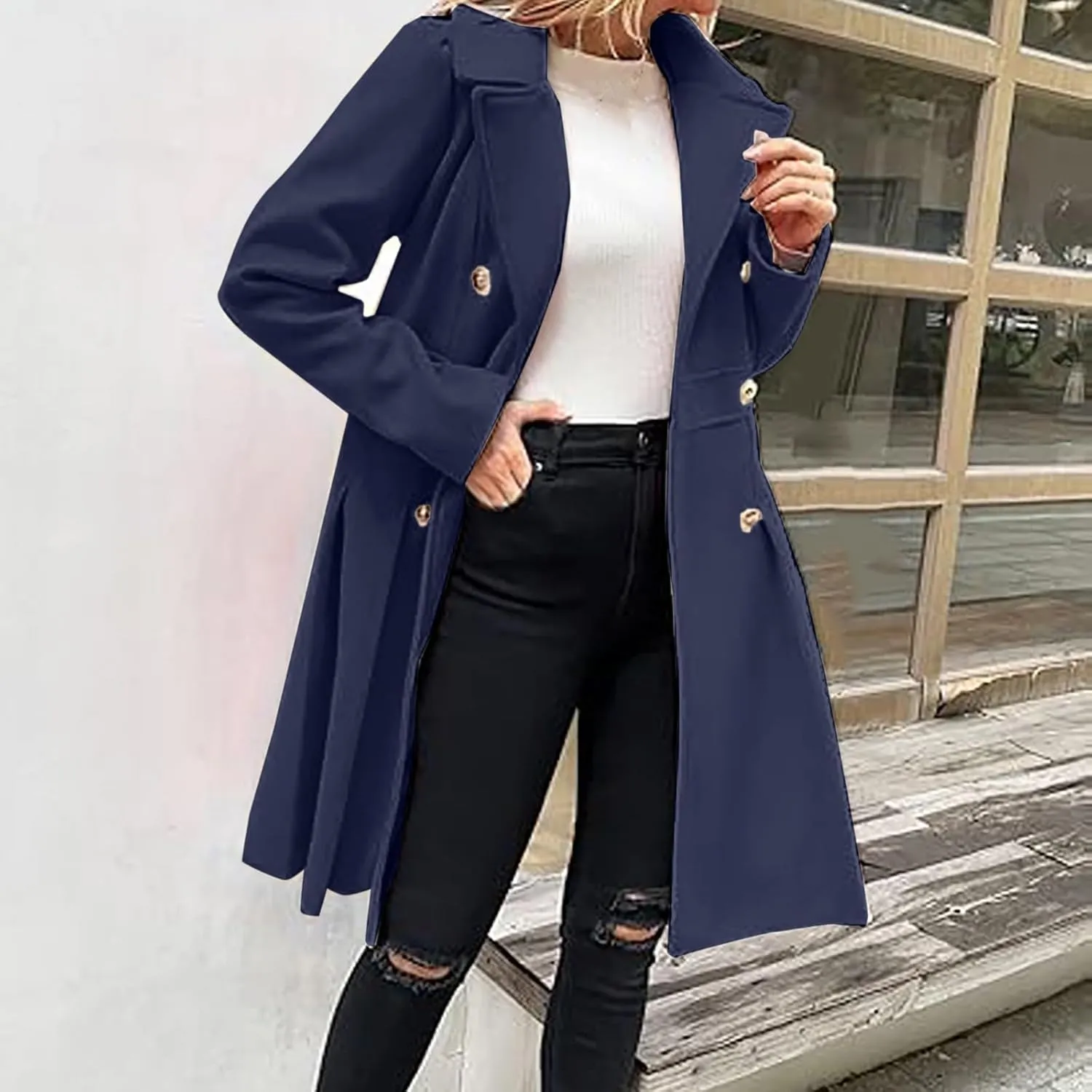 Women's Fall/Winter Lapel Double Breasted A Line Coat with Pockets Coat Skater Trench Coat