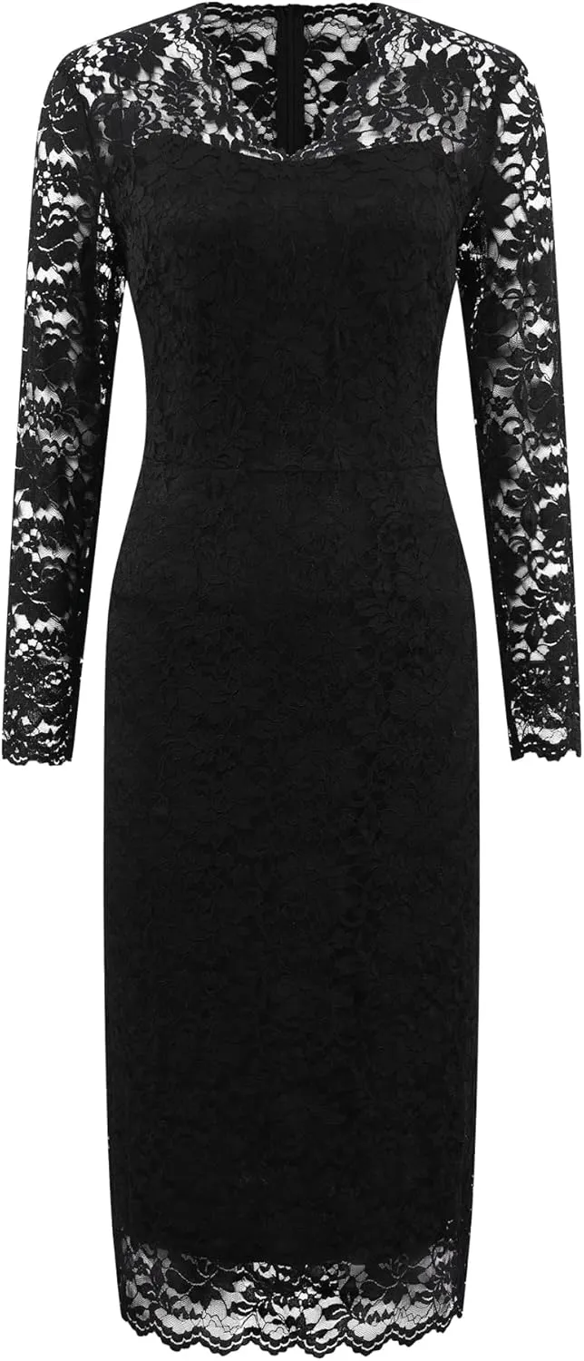 Women's Floral Lace Dress V Neck Long Sleeve Cocktail Wedding Bodycon Pencil Dresses
